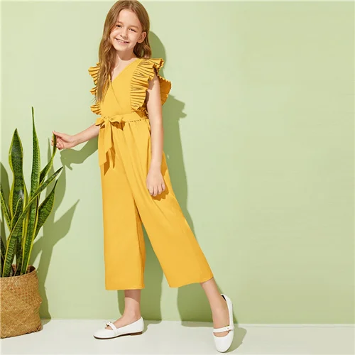 SHEIN Kiddie, v-образный вырез, плиссированные проймы, для отдыха, с поясом, комбинезоны для девочек,, летние, без рукавов, с оборками, широкие, Комбинезоны - Цвет: Цвет: желтый
