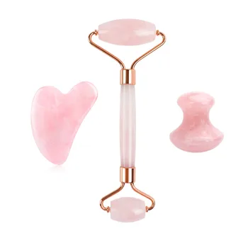 

3Pcs/Set Natural Rose Quartz Jade Roller Real Jade Gua Sha Board Mushroom Massager Face Lifting Tool Facial Guasha Massage Kit
