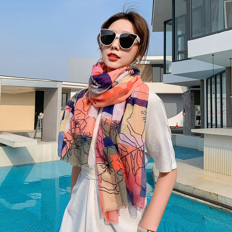 

2020 New Simple And Elegant Polyester Shawl Women Head Scarf Pink Blue Long Printing Multipurpose Beach Towels For Beauty