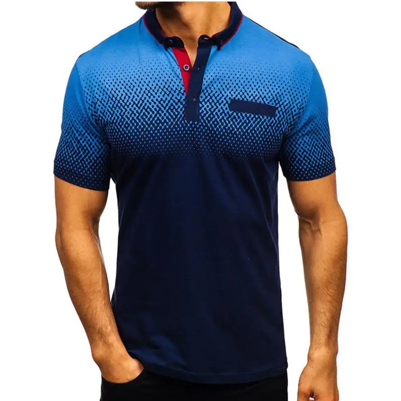 Men Tie-dye Gradient Casual Polo Shirt Summer Mens Fashion Short Sleeve Shirt Cotton Polos Para Hombre Camisa Men Clothes - Цвет: Тёмно-синий