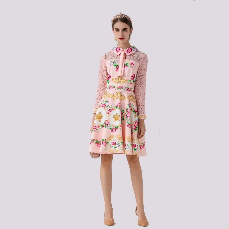 

designer autumn fashion show Nine-point sleeve stitching bow printing pink dress casual women mini vestidos de festa aesthetic