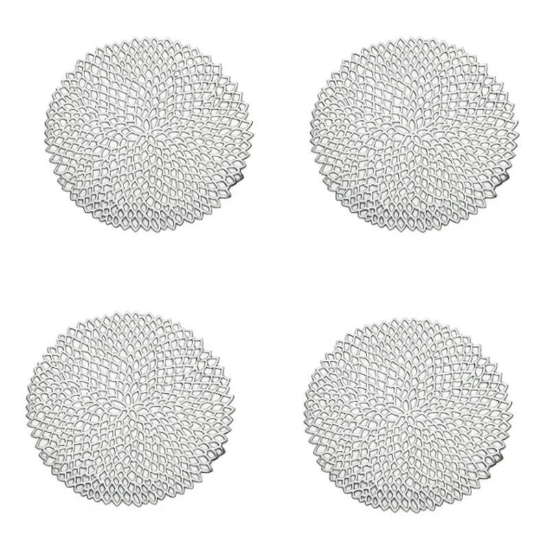 4Pcs PVC Placemats Round Hollow Waterproof Non Slip Table Mats Insulated Pad Coaster Home Wedding Decoration Dinner Placemat