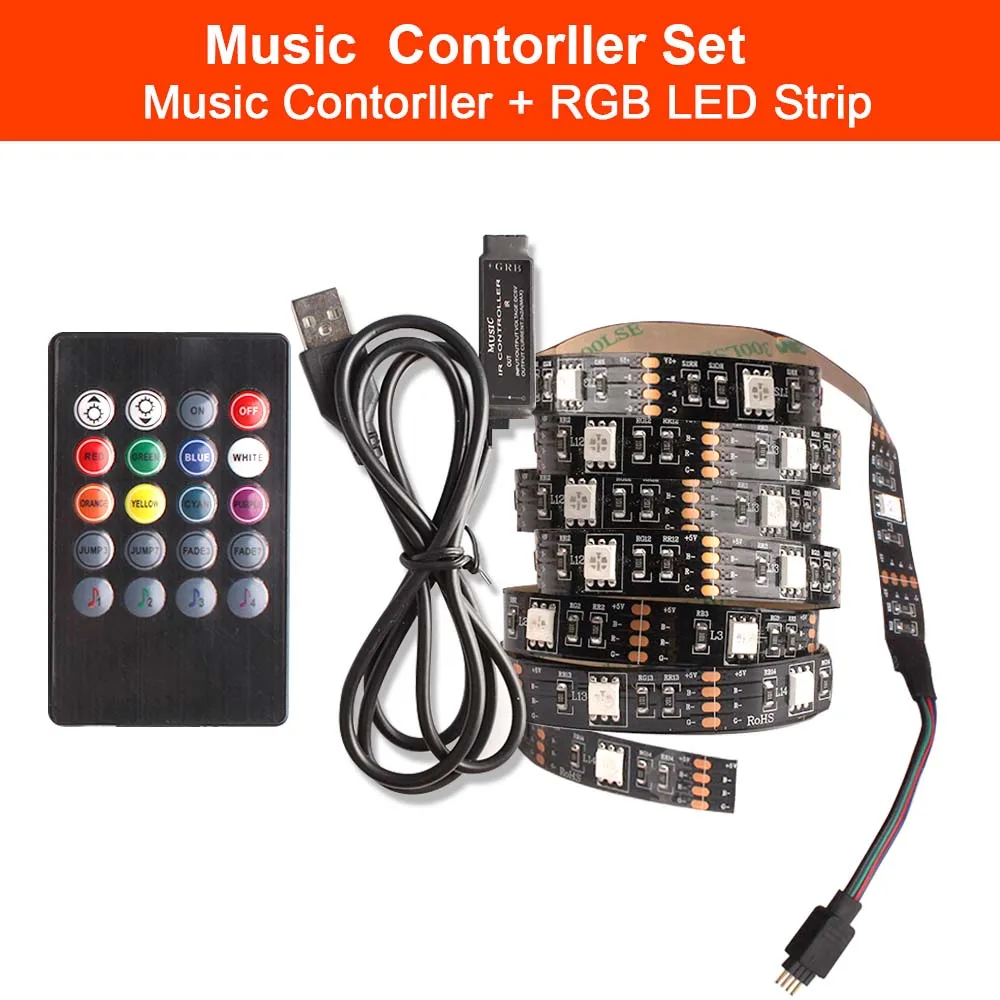 Music 20Keys Set RGB 5050 USB Светодиодная лента 5 в гибкий светодиодный светильник USB Tira светодиодный неоновый RGB лента 17 клавиш пульт дистанционного управления ТВ фоновый светильник ing 1 м 3 м - Испускаемый цвет: Music 20Keys Set