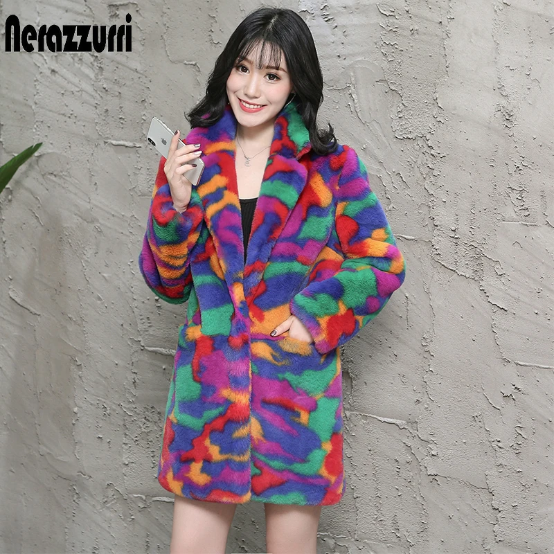 Nerazzurri multi color fluffy faux fur coat notch lapel long sleeve colorful warm soft plus size winter women faux fur jacket