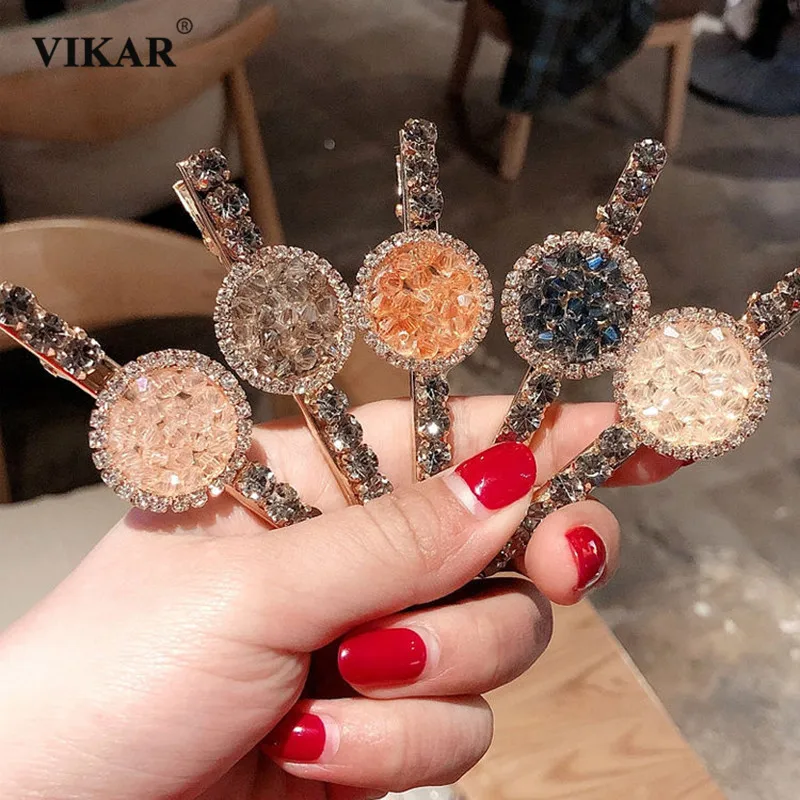 

VIKAR Women New Luxury Crystal Rhinestones Hair Clips Girls Hairpins Geometric Round Hairgrip Barrette Fashion Hair Accessories