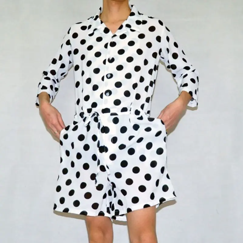 Fashion Polka Dot Men Rompers Jumpsuit Ladies Playsuit 3/4 Sleeve Lace Up Pants Overalls Casual Lapel Streetwear S-5XL INCERUN