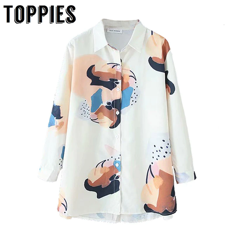 

Abstract Geometric Printing Shirt Fall 2019 White Long Shirts Long Sleeve Oversize Blouses Tops Streewtwear
