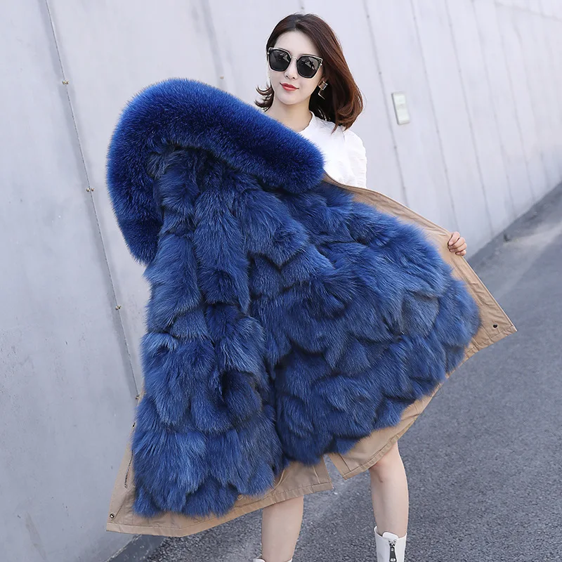Khaki Blue Женское пальто из натурального меха лисы, Зимняя парка, Женская ветровка, женская одежда Abrigos Mujer Invierno 1903 YY690 - Цвет: Khaki Blue