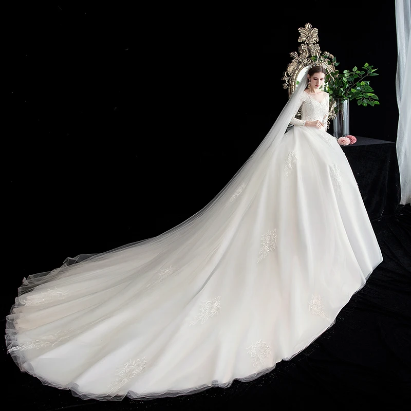Do Dower роскошное свадебное платье с v-образным вырезом и длинным рукавом, кружевное вышитое платье размера плюс со шлейфом, тонкое свадебное платье, Robe De Mariee L