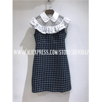 

Autumn winter plaid dress elegant retro lapel embroidered dress high quality Ruffled lapel sleeveless woolen plaid dress
