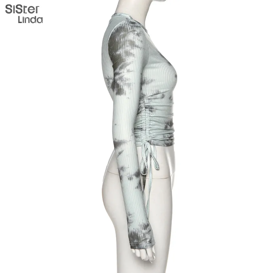 Sisterlinda, вязаные топы с принтом Tie Dye, женская футболка с круглым вырезом, эластичная футболка с длинным рукавом, облегающая футболка Mujer Tees