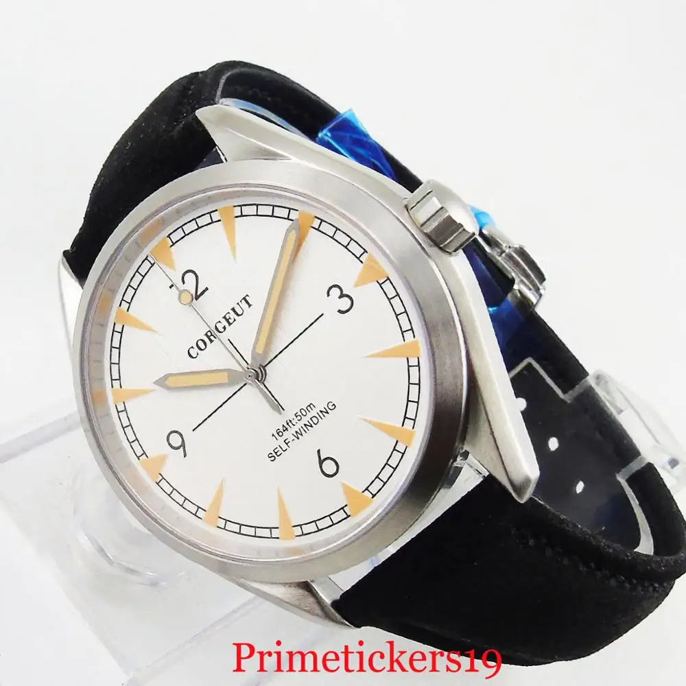 Мужские автоматические часы от бренда corgтеле с круглым белым циферблатом
