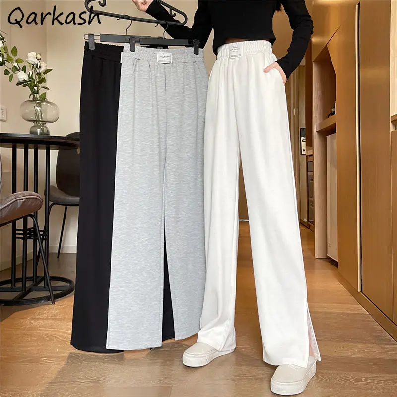 

Casual Pants Women Side-slit Elastic Waist Teens Design Running Streetwear Pockets Straight Trousers All-match Baggy Ulzzang BF