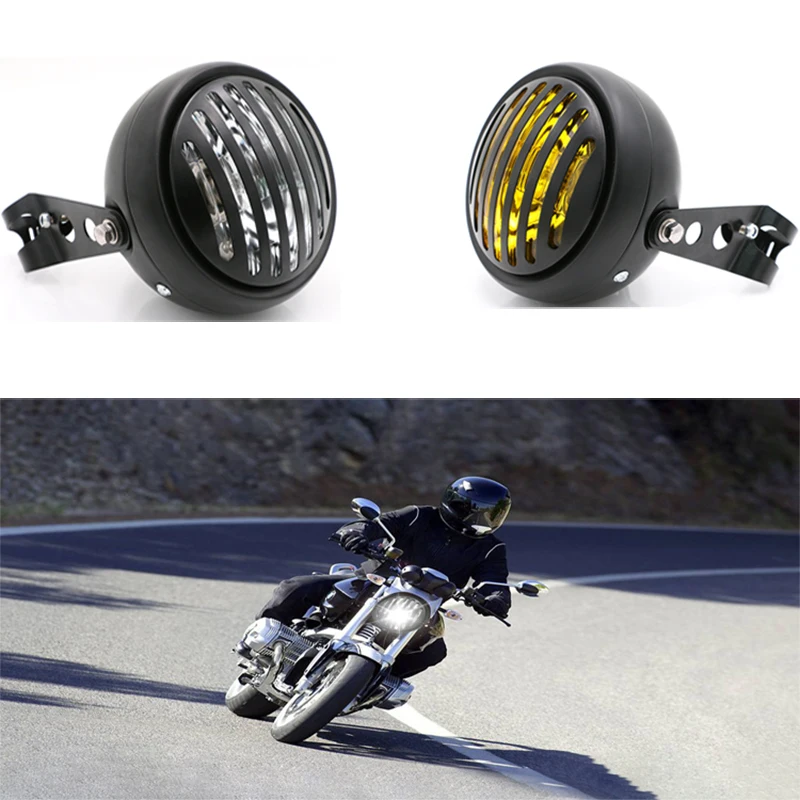 

DC 12V Motorcycle Net Headlight with Bracktes Motorbike Classic Retro Headlights Motor Moto Scooter Fancy Front Light Round Lamp
