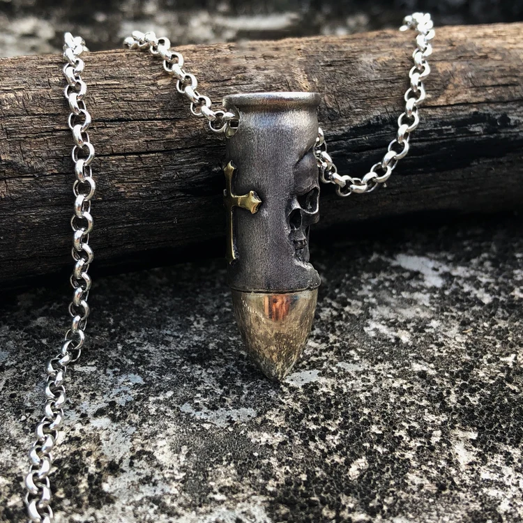 

925 Silver Original Handmade Men And Women Personality Skull Bullet Necklace Pendant