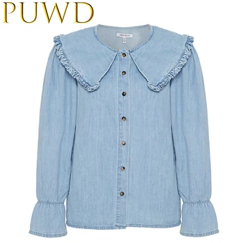 

spring-summer women's new o-neck full flare sleeve fashion ladies blouses button ruffles lace chic shirts