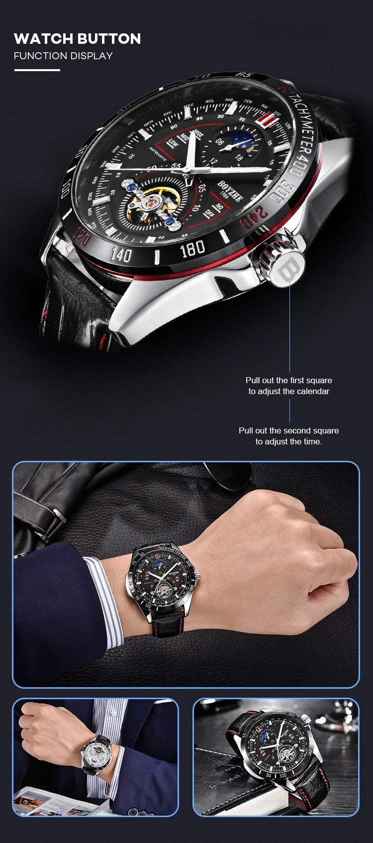 BOYZHE новые часы Tourbillon Мужские автоматические механические часы мужские деловые часы водонепроницаемые часы кожаный ремень светящаяся указка