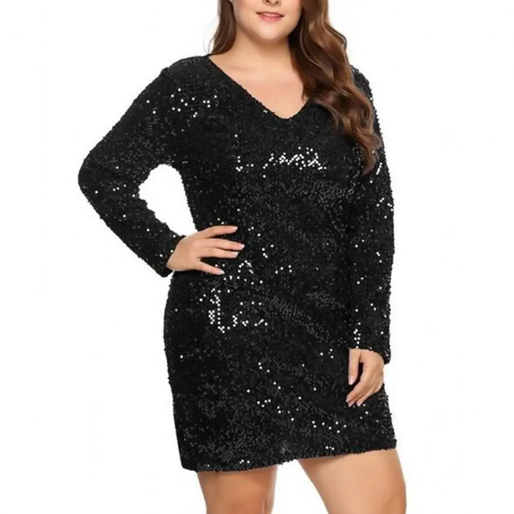 

Autumn New Arrival Women V-neck Full-sleeved Sequins Hip Dress Ladies Party Dress Fashion Elegant Plus Size Dress Mini Dresses