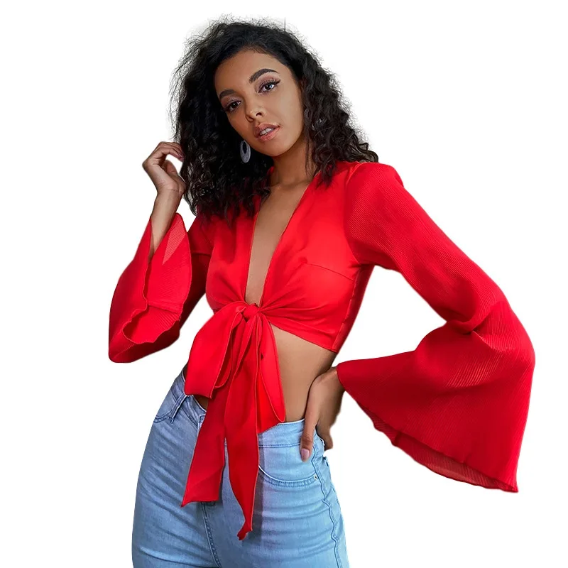 

V-neck Tie Shirt Women's Summer Blouse Solid Color Open Navel Flared Sleeve Shirt Shirts Women Tops Blouse Women
