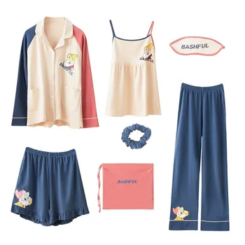 

Patchwork Color Cotton Home Clothing Sleepwear Lady Sleep Set 7pcs Pajamas Suit Nightwear Autumn New Homewear Intimate Lingerie