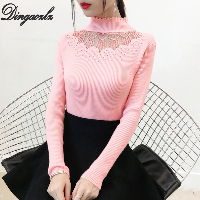

Dingaozlz High collar Women Sweater Patchwork Mesh Knitted Pullovers Casual Long sleeve Thick Sweater shirt