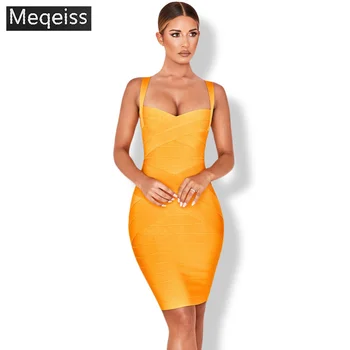 

2019 new fashion summer orange spaghetti strap sweetheart sexy club women bodycon knee length hl party bandage dresses wholesale