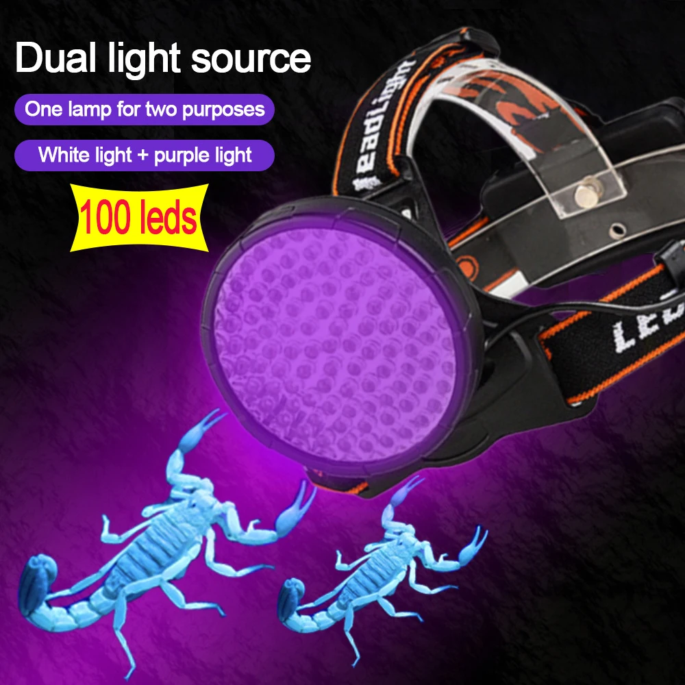 White & UV Headlight USB Rechargeable Headlamp with 18650 Battery LED UV Torch for Pet Clothing Food Fungus Detection
