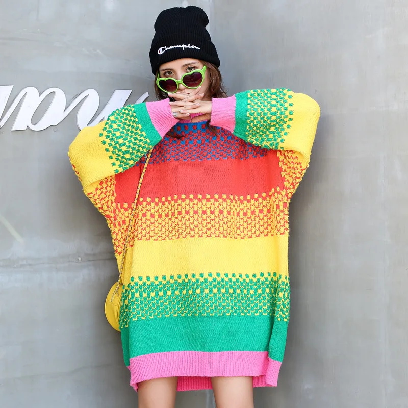 H. SA pull femme nouveaute, Женский Теплый Радужный свитер и пуловеры, цветная полосатая вязаная одежда, длинные свободные свитера