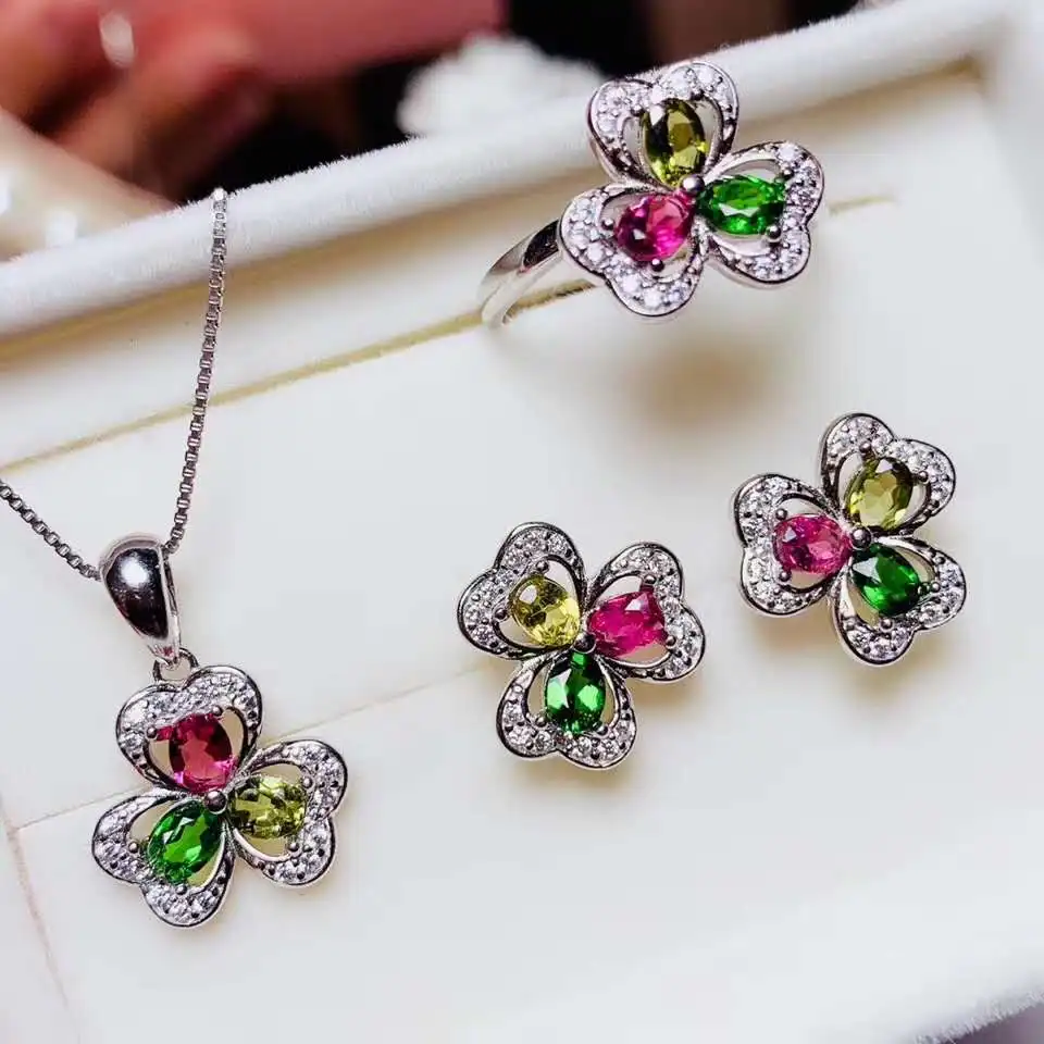 

Натуральный турмалин комплект ювелирных изделий из натурального Турмалин 925 пробы серебро 1 шт. Подвеска, 1 шт. кольцо, 2 шт. серьги