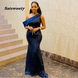Navy Blue Sequin Mermaid Bridesmaid Dress Off the Shoulder Sweep Train Simple Long Engagement Gowns