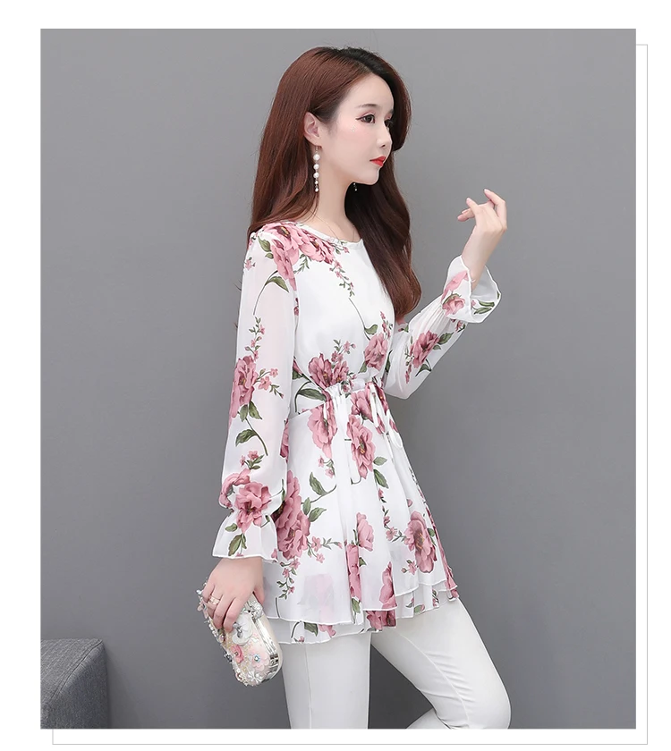 Шифоновые блузки, рубашки 5XL 4XL размера плюс, женская одежда для офиса, для женщин, для работы, тонкая талия, живот, цветочный принт, туника, топ, блузка 6985 50