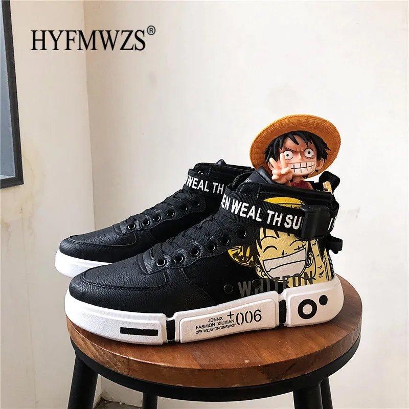 Black HYFMWZS/Модная Мужская Высокая парусиновая обувь с рисунком; обувь на плоской подошве с цельным рисунком Луффи; трендовые кроссовки; Зимние ботильоны - Цвет: Black