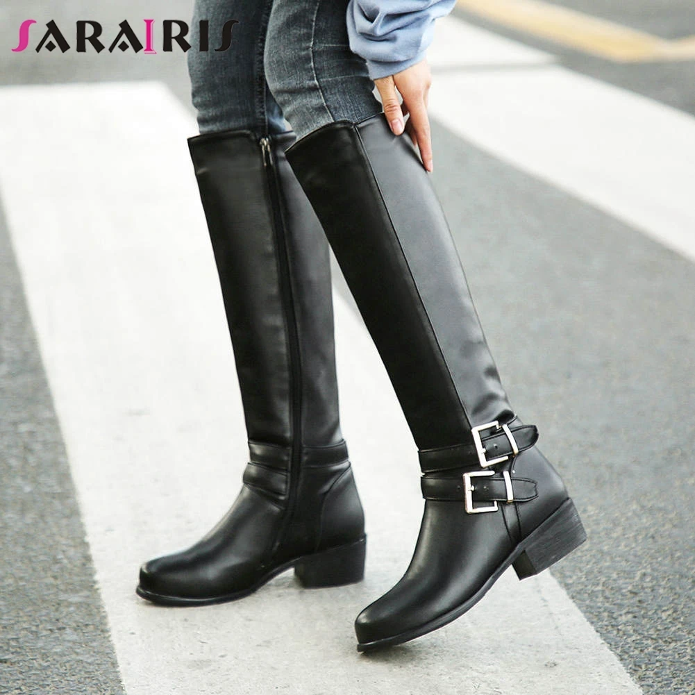 

SARAIRIS New Plus Size 33-46 Black Fur Boots Lady Elegant Knee High Riding Boots Women 2019 Winter Low Heel Warm Shoes Woman
