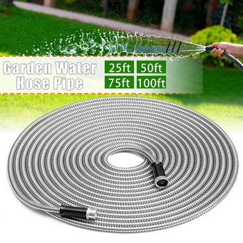

25-100 FT Stainless Steel Garden Hose Flexible Pipes For Garden Green Plants Watering Hoses HoUsehold Car Cleaning Water Pipe