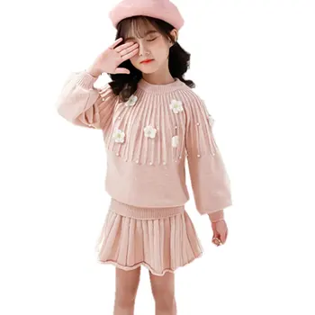 

Autumn Winter New Fashion Knitted Children Clothing Set For Girl Kids Sweater And Skirt Two Pieces Suit Set With 3D Flower Pearl