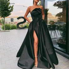 Черные вечерние платья Длинные с высоким разрезом карманы без бретелек молния А-силуэт Простые Вечерние платья для выпускного вечера недорогие
