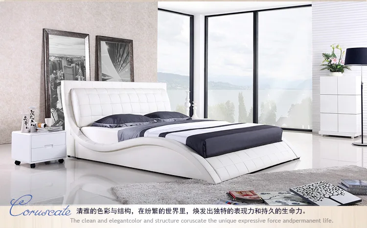 real genuine leather bed / soft bed/double bed king/queen size home bedroom furniture minimalist modern square shape