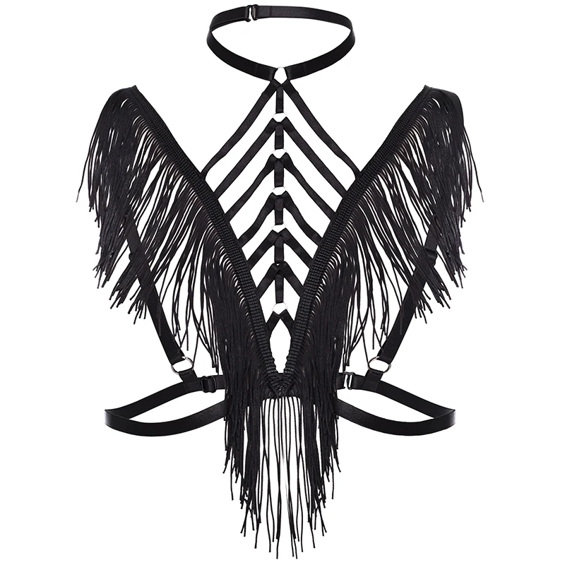 JLX.HARNESS готическое сексуальное женское нижнее белье с кисточками, черный панковский бюстгальтер с ремешками, стильный бюстгальтер с кисточками