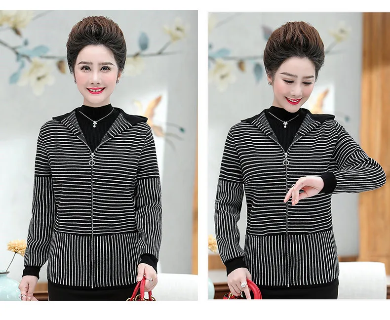 XJXKS autumn winter new fashion hooded women's jacket plus size striped comfortable cashmere women's knitted cardigan coat