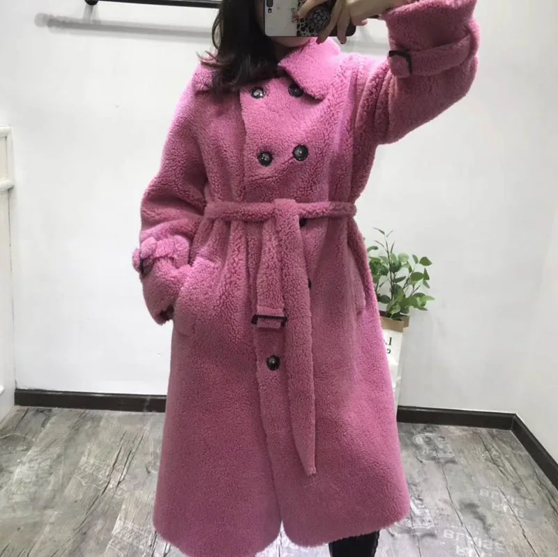 

Abrigos Mujer Invierno 2019 Korean Sheep Fur Coat Leather Jackets Wool Fur Winter Women Casual Parka X-Long Overcoat With Sashes