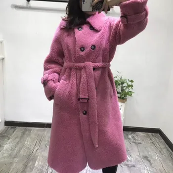 

Abrigos Mujer Invierno 2019 Korean Sheep Fur Coat Leather Jackets Wool Fur Winter Women Casual Parka X-Long Overcoat With Sashes