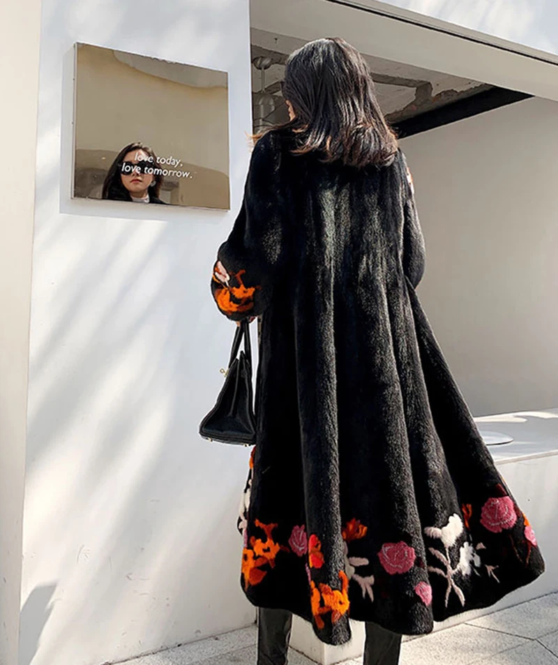 Ftangaiur Winter Import Velvet Mink Fur Coat Print Turn-Down Collar Mink Coat Women's X-Long Natural Real Mink Fur Coats
