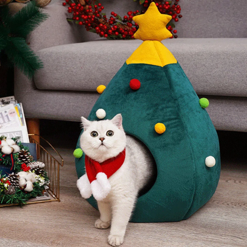 Hot sell Pet Cat Bed Indoor Kitten House Warm Half Closed Sleeping Bag Pet House Nest Cat Basket Portable Christmas Mats Winter