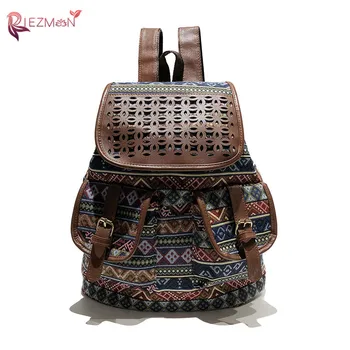

RIEZMAN Women Backpack 2020 Drawstring Printing Canvas Bagpack Vintage National Style Travel Backpack Multi-function Back Pack