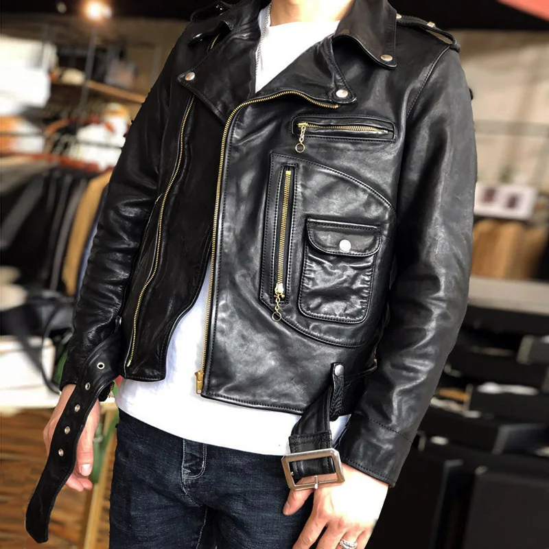 Free shipping.Super heavy tanned horsehide jacket,men vintage classic biker genuine leather coat,luxury quality leather cloth men's genuine leather trench coats