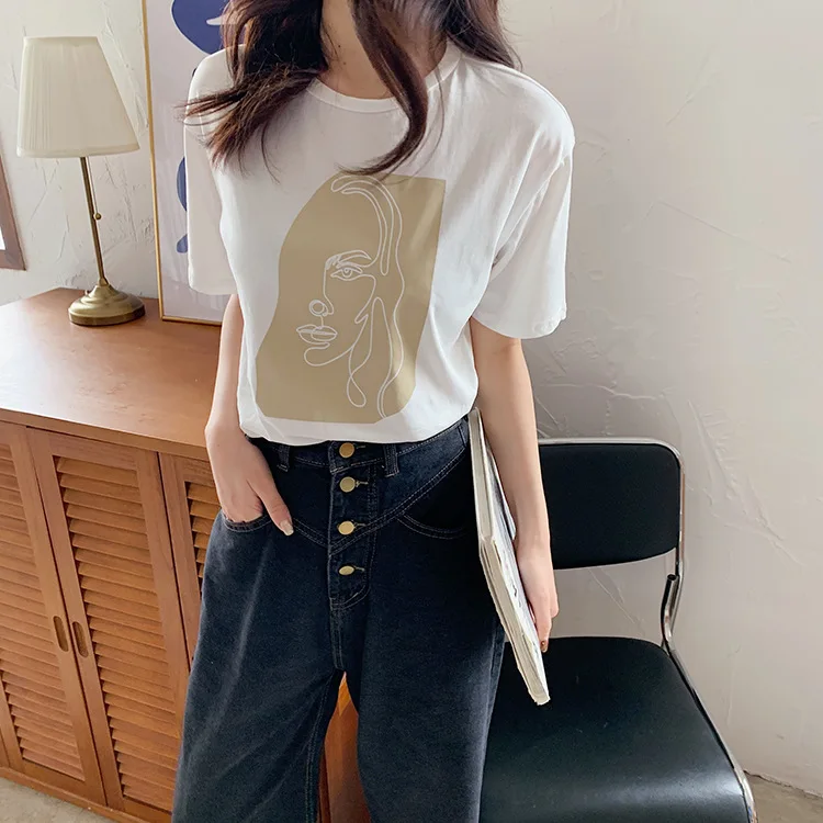 Abstract Print T-shirt Female Short Sleeve 2020 Summer New O-Neck Korean Women's Casual Tops Tees Harajuku