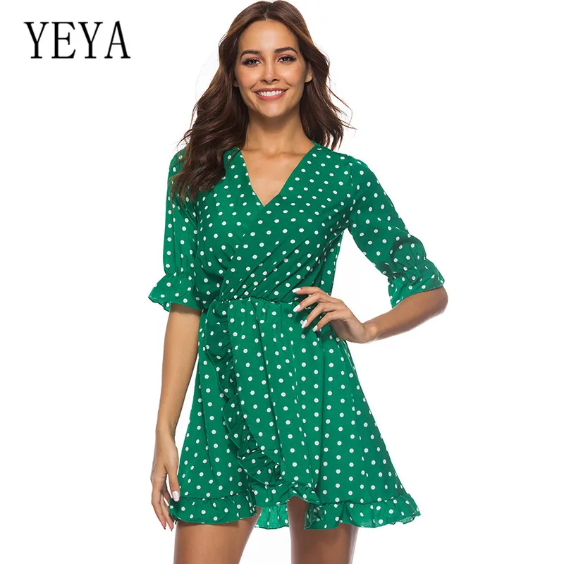

YEYA Summer Beach Wave Point Print Boho Mini Dress Ruffles Wrap Casual V-Neck Sexy Party Dress Robe Femme Hollow Out Dresses