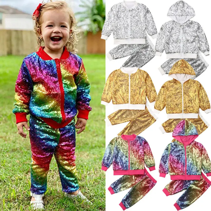 

Xmas Sequins 2Pcs Tracksuit Toddler Kids Baby Girl Zipper Tops Jacket Long Pants Sequins Outfits Clothes