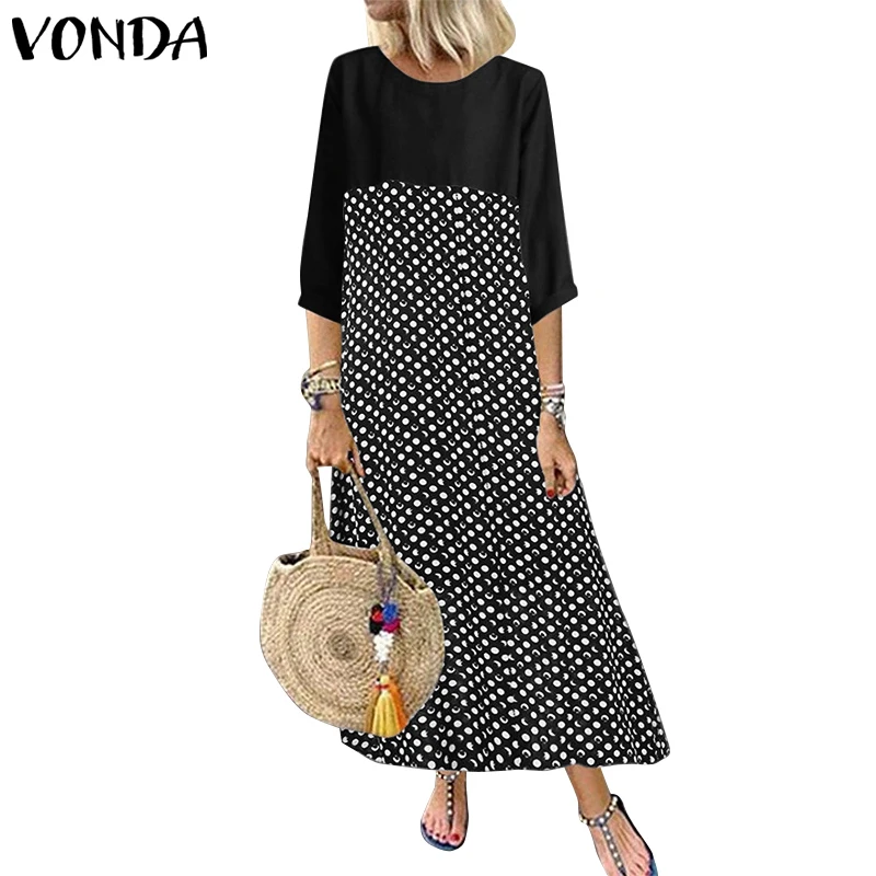 

VONDA Women Vintage Patchwork Maxi Dress Bohemian Dot Print Party Dress 2019 Summer Spring Long Sleeve Loose Plus Size Vestidos