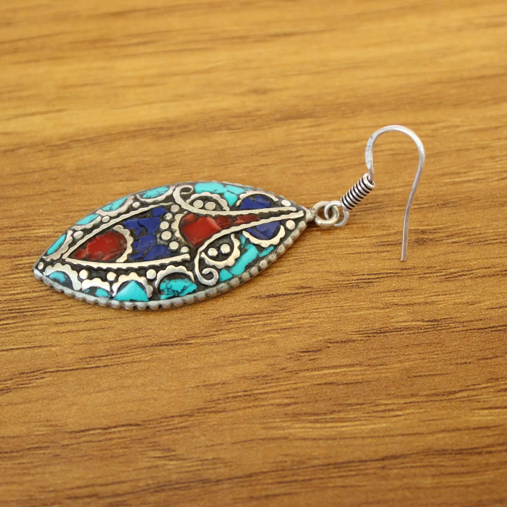 ER191 Nepal Jewelry Ethnic Oval Lapis Turquoises Colorful Stone Leaf Fashion Dangle Earring For Women